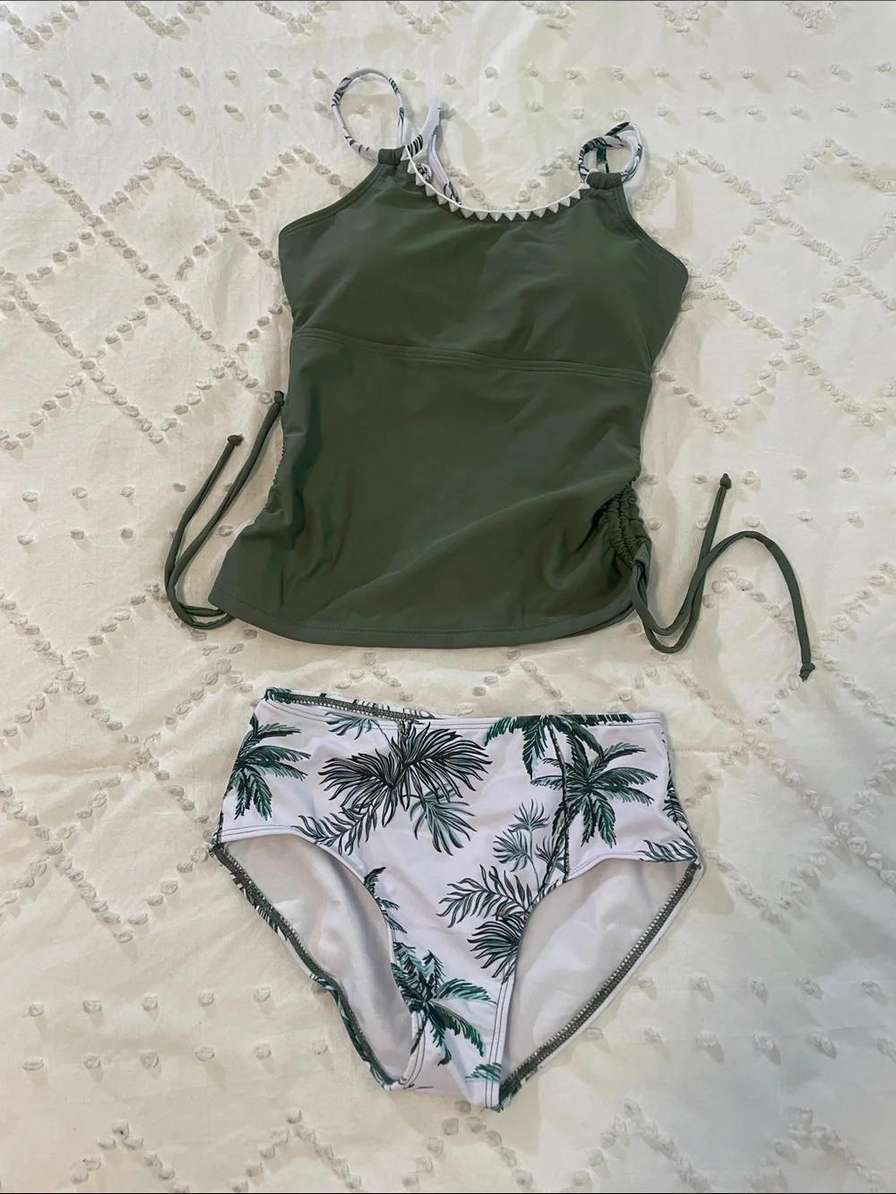 Funnycokid Olive Green Tankini Top with Palm-Print High-Waist Bikini Bottoms new